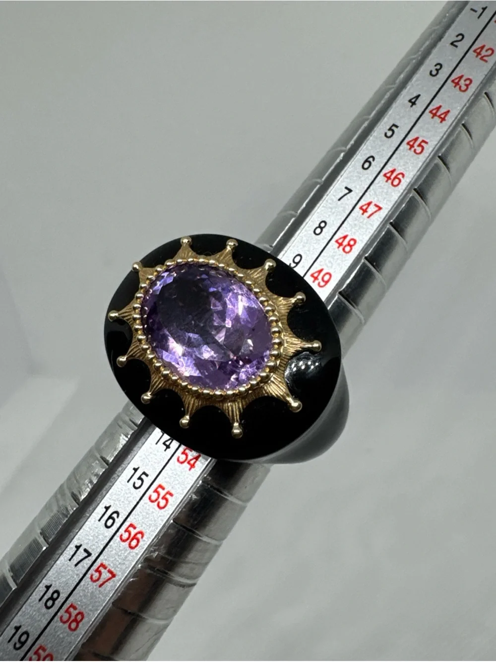 Black Onyx 14K Yellow Gold Oval Purple Amethyst Ring Size 6 Statement Piece